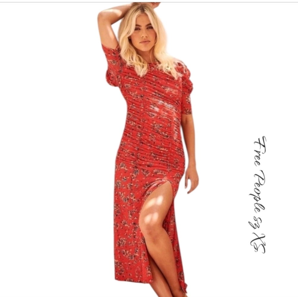 Free People Briella Ruched Midi Dress Floral Red XS